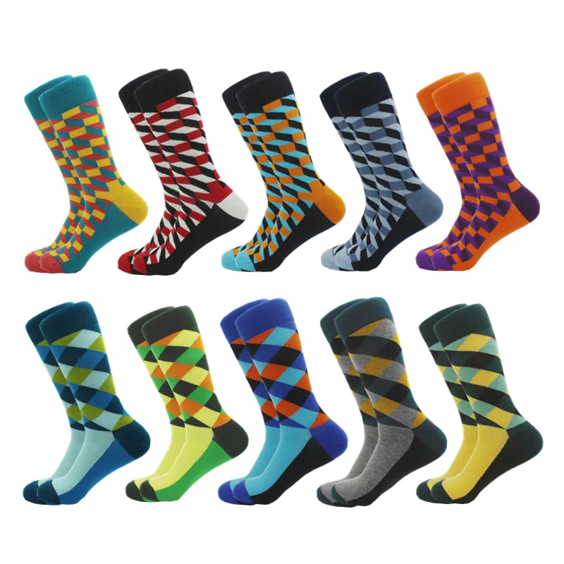 Brand Quality Men Socks Funny Casual Business Dress Party Crew Socks Color Plaid Diamond Trend Happy Cotton Socks For Men