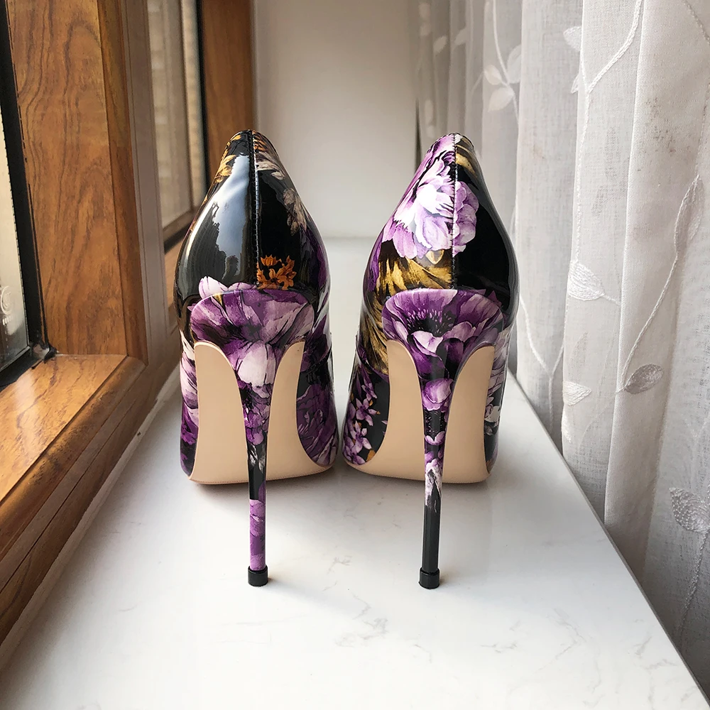 Tikicup stampa floreale viola donna vernice lucida punta a punta 8-12cm scarpe tacco alto Chic Stiletto floreale pompe misura grande 43 44 45