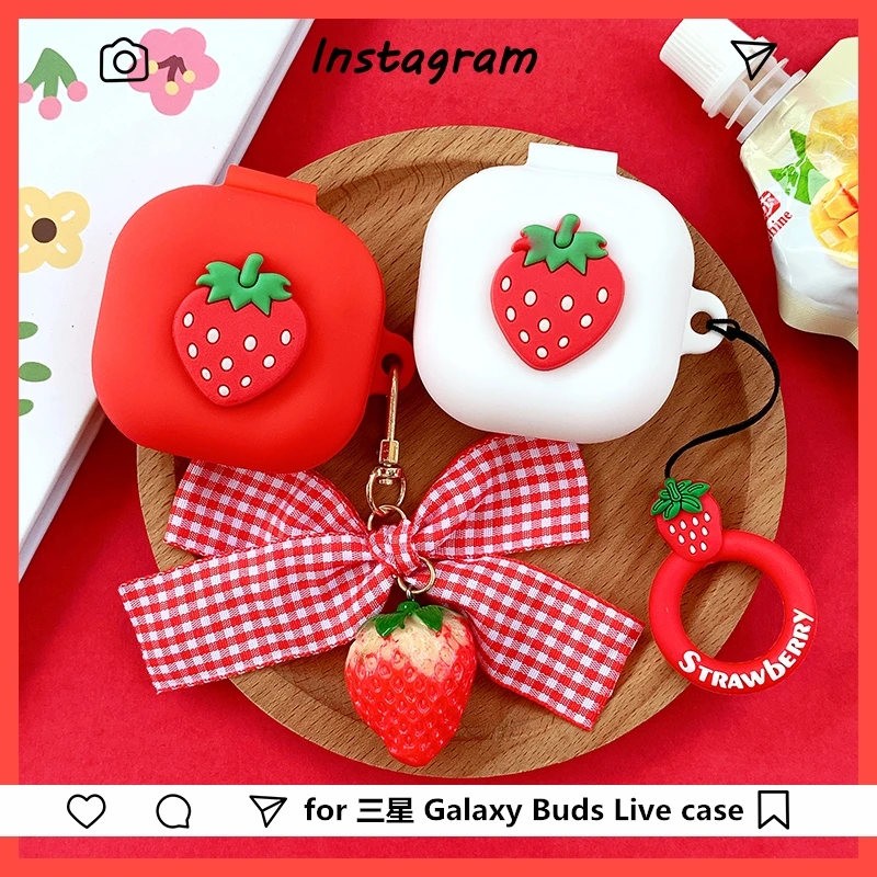 Strawberry Silicone Case Cartoon Cute Box Wireless Earphone Shockproof Protective Cover Shell with Keychain for Galaxy Buds Live