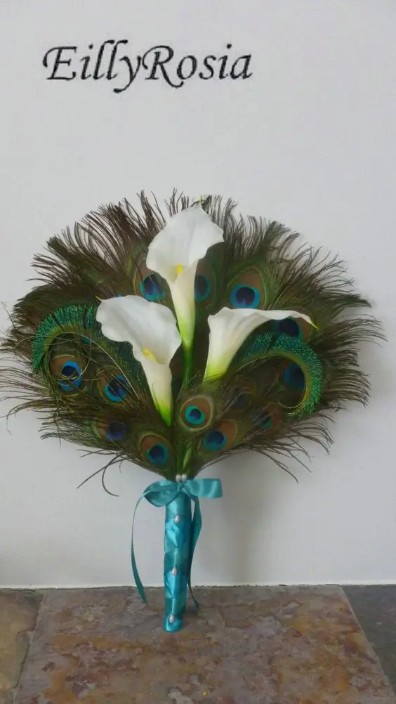 

Green Peacock Feather Fan for Bride White Calla Lily Women's Masquerade Party Wedding Feather Fan Great Gasby Style 1920's