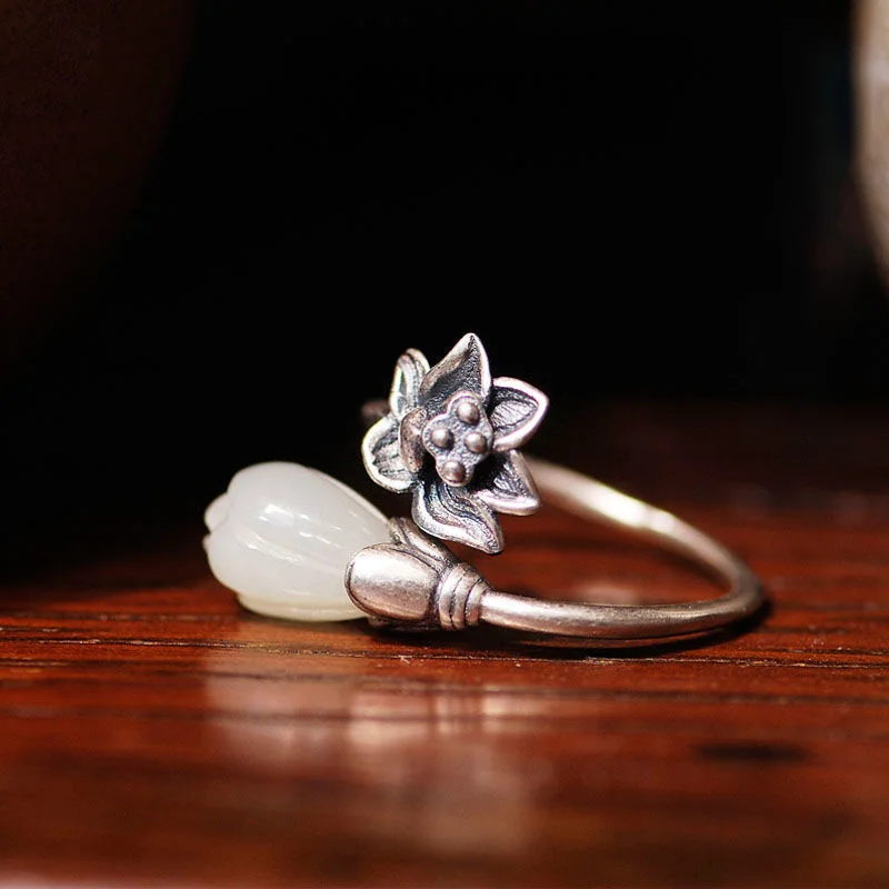 Natural Hetian Magnolia Flower lotus Opening Adjustable Ring Chinese Style Retro Bohemian elegant charm silver jewelry