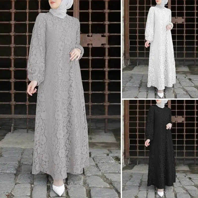 Zanzea Vrouwen O Hals Lange Mouw Sundess Mode Moslim Kaftan Kant Bloemen Maxi Jurk Abaya Marokko Lange Maxi Jurk Casual gewaad