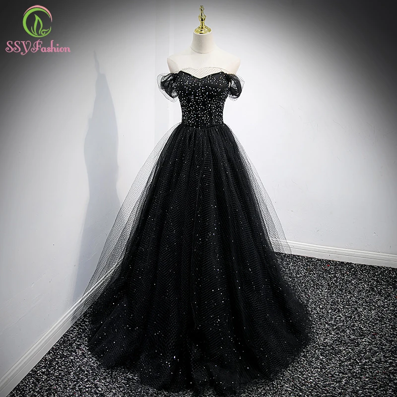 

SSYFashion New Black Evening Dress for Women Banquet Elegant Boat Neck A-line Floor-length Starlight Prom Formal Gowns Vestidos