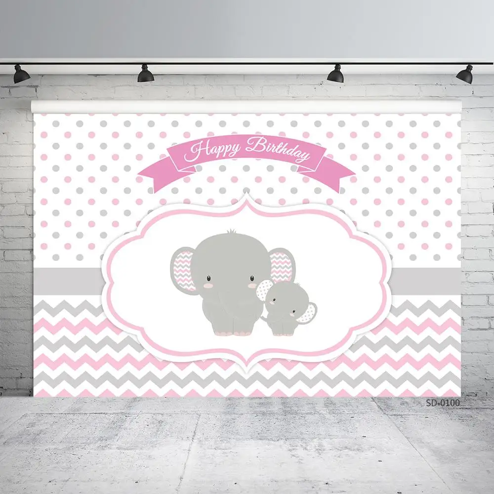 Cartoon Elephant Animal Pink Birthday Party Banner Background Newborn Girl Children Vinyl Photography Backdrop Photo Studio Prop