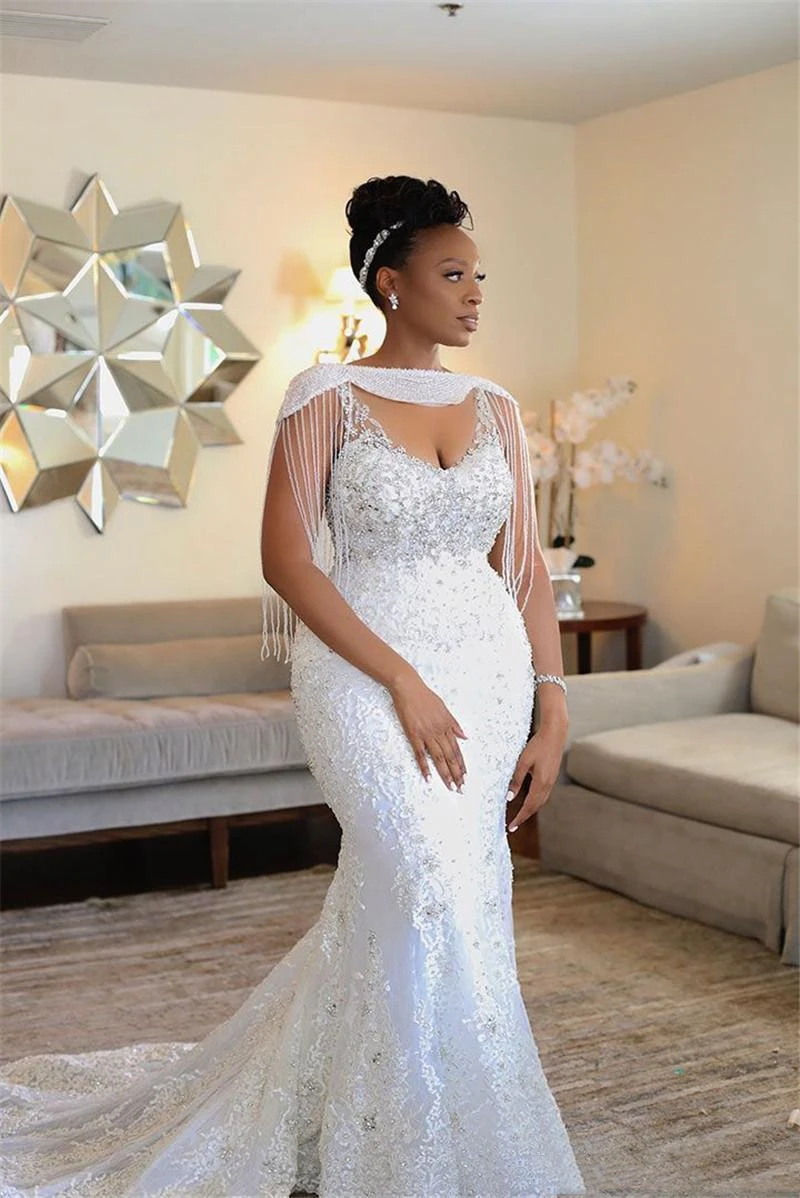 Abiti da sposa a sirena su misura con perline avvolgenti in pizzo di cristallo Appliqued abito da sposa Sexy con Spaghetti abiti sudafricano