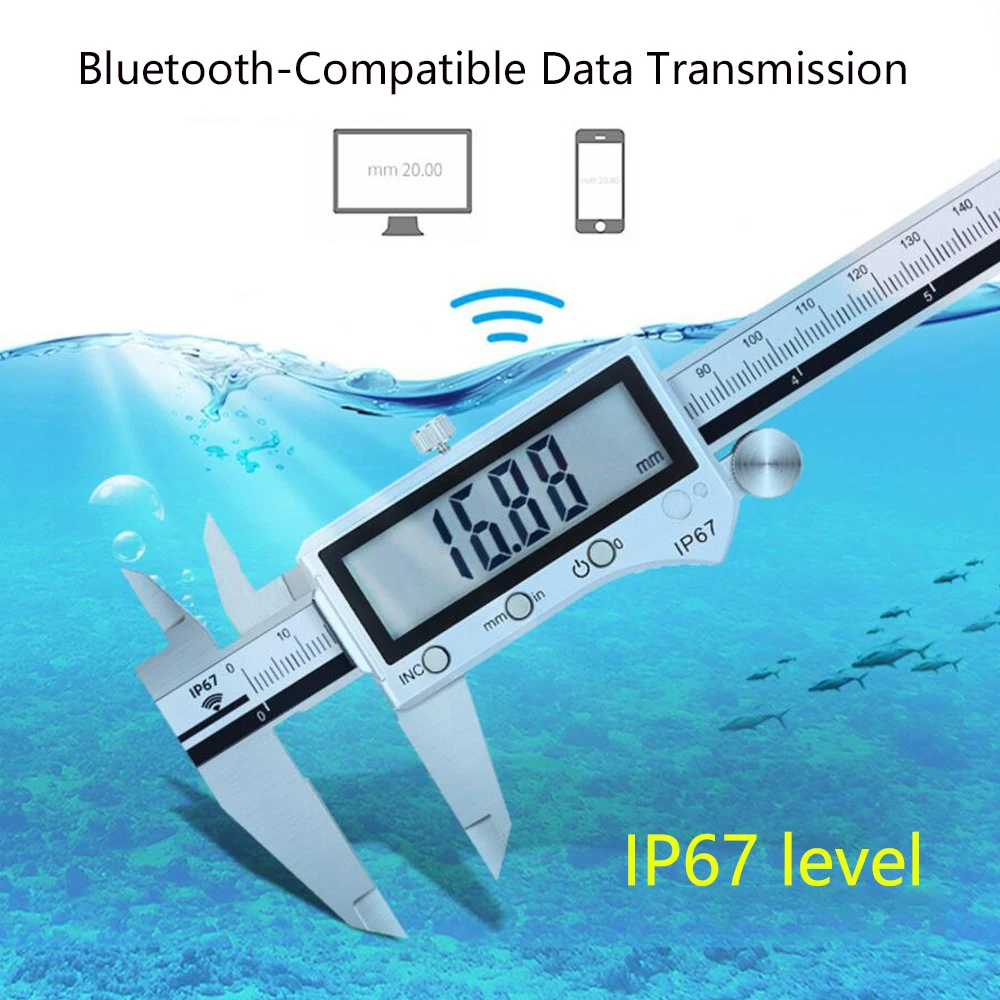 Kompatybilny z Bluetooth elektroniczny wyświetlacz cyfrowy suwmiarka z noniuszem 0-150/200/300mm stal nierdzewna IP67 wodoodporne narzędzia pomiarowe