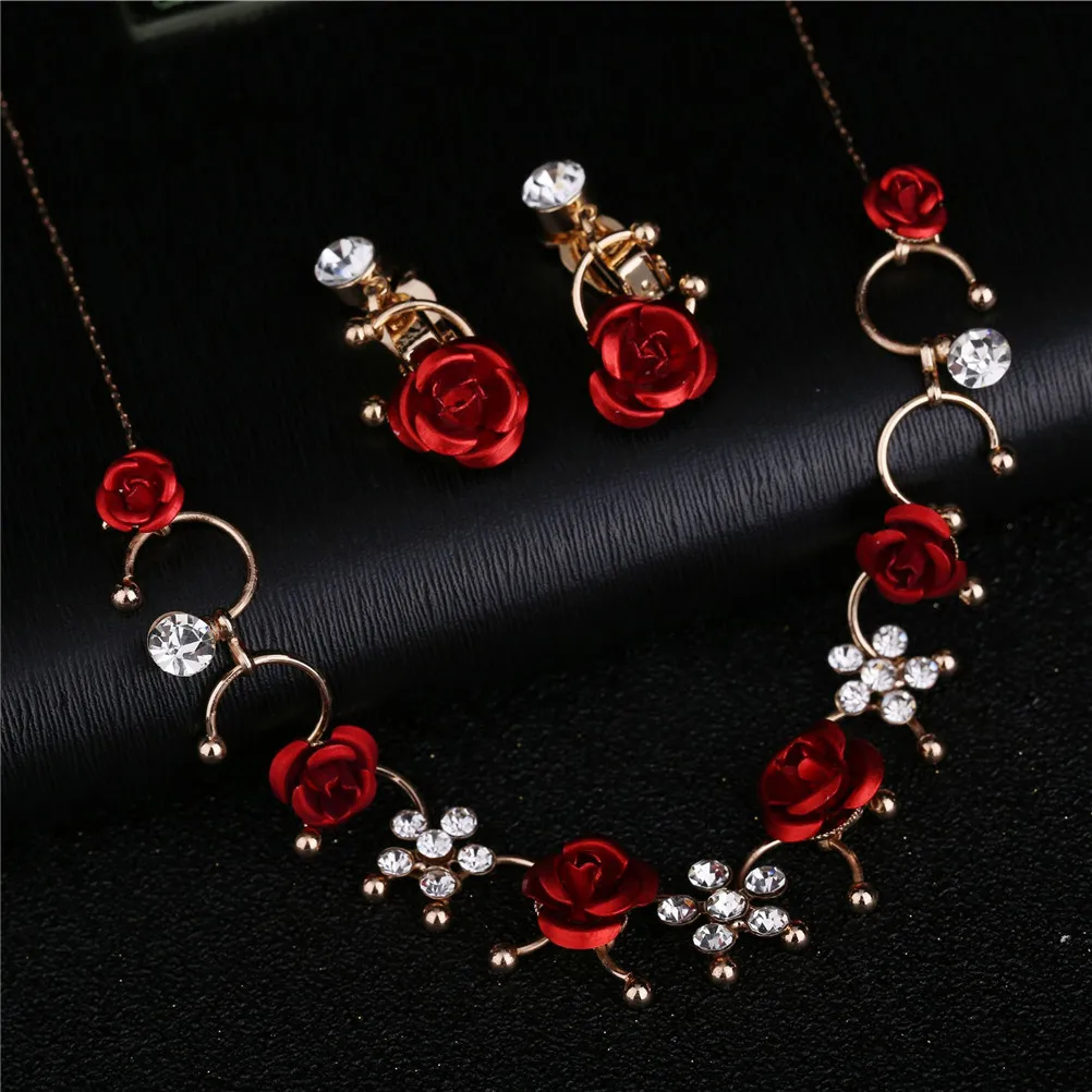 3pcs/set Elegant 1 Pair Ear Clip+1 Necklace Red Flower Casual Dress Accessory Women Fashion Alloy Ear Clip Neckless Jewelry Set