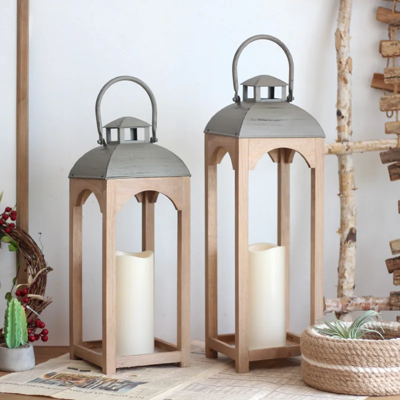 American Decorative Candlestick Ornaments Retro Solid Wood Lanterns Homestay Hotel Coffee Shop Floor Table Home Accessories