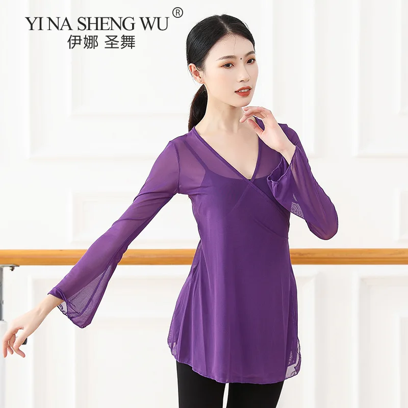 New Chinese Folk Classical Dance Practice Clothes For Performances Flowing Body Rhyme Gauze Long Sleeve Tops Sexy Mesh Shirt 3XL