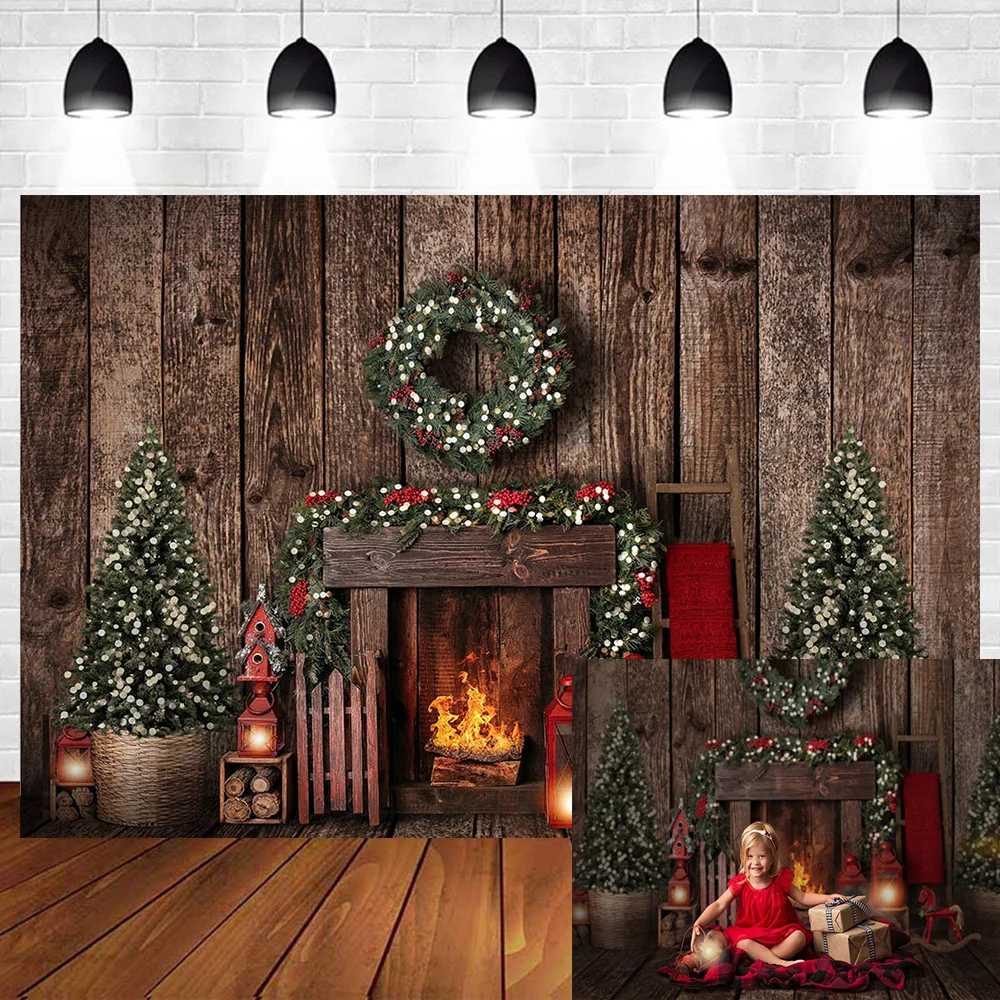 Brown Wooden Wall Christmas Fireplace Photography Background Christmas Decorate Tree Lantern Photo Backdrops For Photo Studio