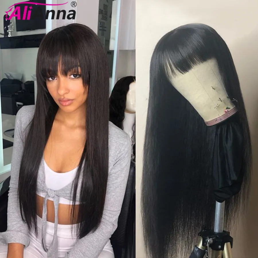 Straight Human Hair Wigs With Bangs Brazilian Wig ALIANNA Full Machine Made Wigs High Quality 150 Density Remy Human Hair Wig