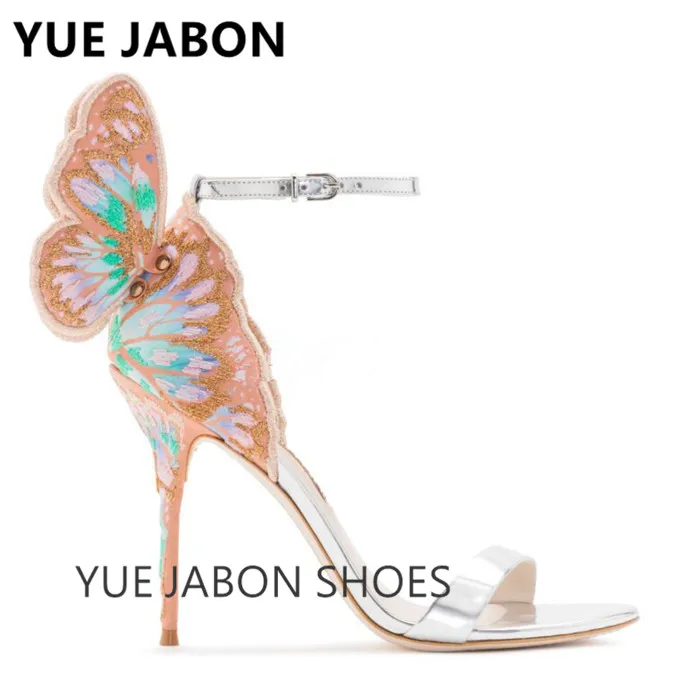 Metallic embroidered Ladies Shoes Butterfly Wings Stiletto Sandals Women Party Wedding High Heels Pointed Toe Ankle Strap Pumps