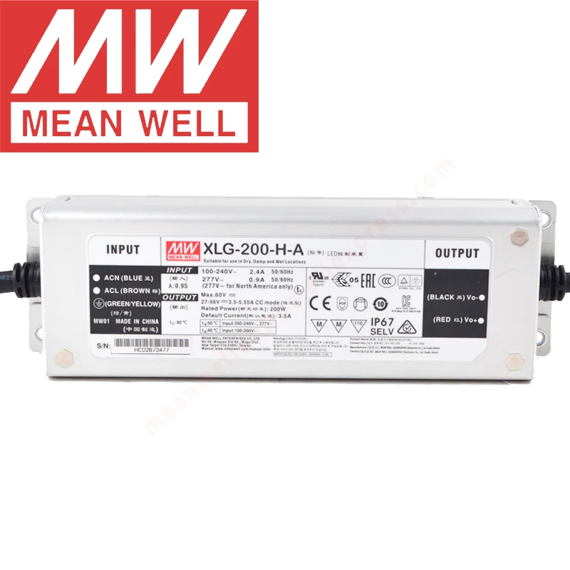 

Mean Well XLG-200-H-A IP67 Metal Case Street/Skyscraper lighting meanwell 27-56V/3500-5550mA/200W Constant Power LED Driver