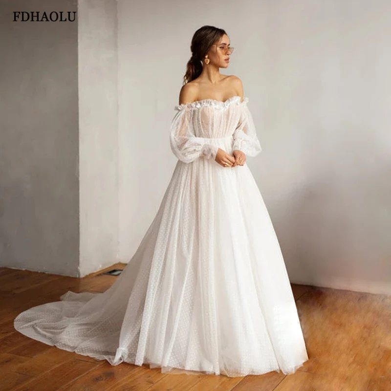 

FDHAOLU FU74 Boho Wedding Dress Puff Sleeves Bridal Gowns Backless Off The Shoulder Vestido De Noiva Lorie Wedding Gowns