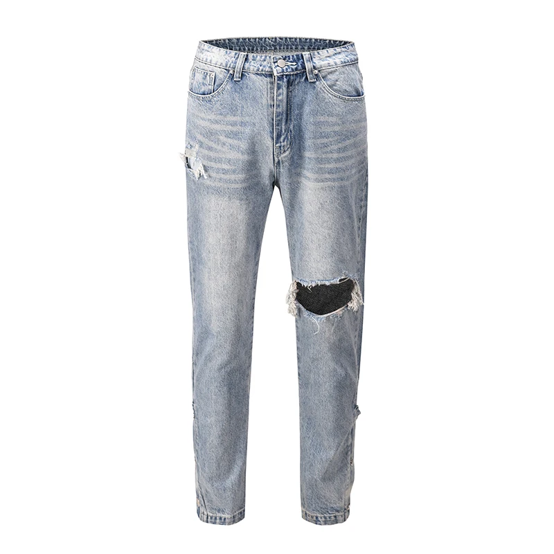 

Ankle Button Hole Washed Jeans for Men High Street Retro Stragith Casual Denim Trousers Oversize Hip Hop Baggy Ripped Jean