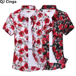 Summer White Printed Short Sleeved Shirt for Men, Hawaii Rose Flower Shirts Hawaiian Vacation Camisa Chemise Big Size S-7xl