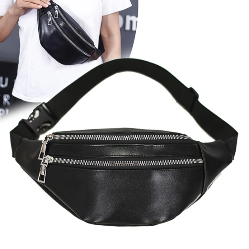 Tas Pak Pinggang Fanny Pack dengan Saku Ritsleting Sabuk Dapat Disesuaikan Kulit PU untuk Pria Wanita Kantong Travel Fashion