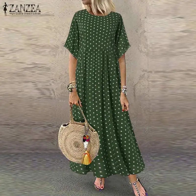 ZANZEA 2023 Fashion Polka Maxi Dress Women\'s Print Sundress Casual O Neck Summer Long Vestidos Female Pleated Robe