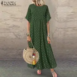 ZANZEA 2023 Fashion Polka Maxi Dress Women's Print Sundress Casual O Neck Summer Long Vestidos Female Pleated Robe