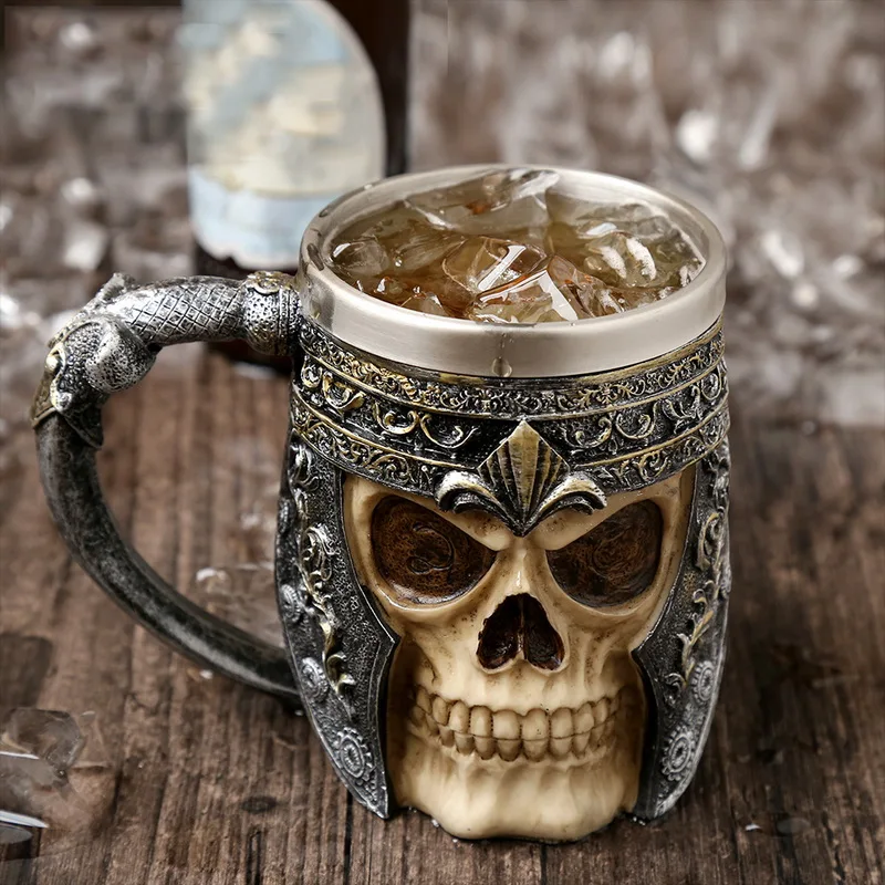 Featured vintage resin creative stainless steel beer mug skull knight Halloween coffee cup creative Viking teacup bar decoration