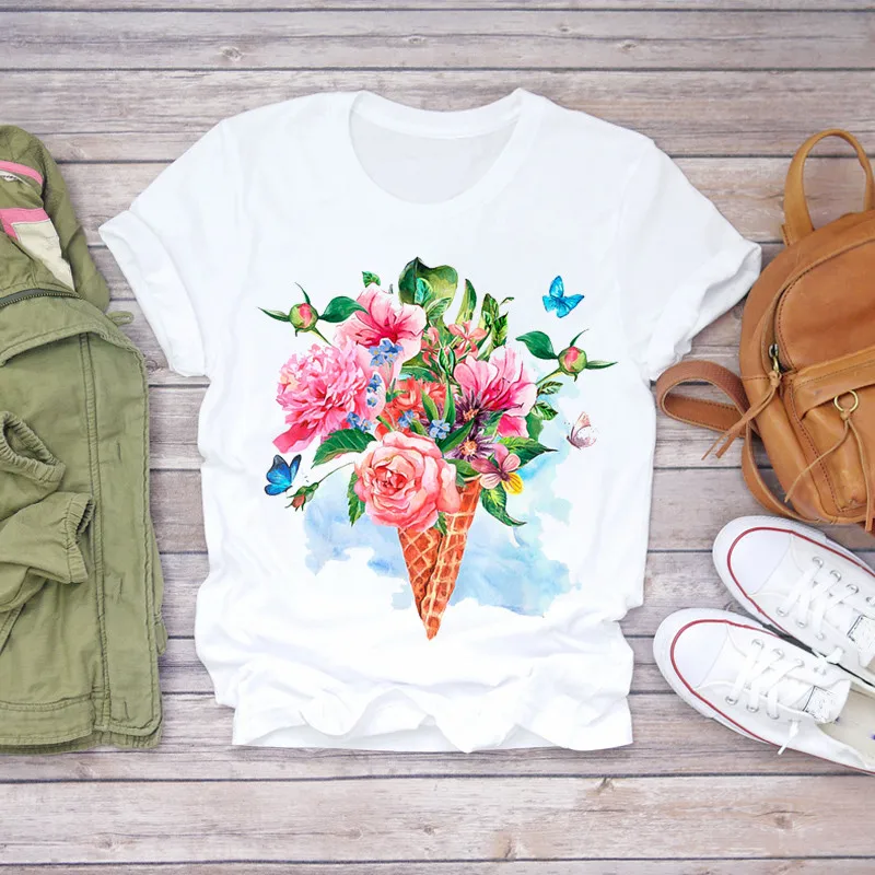 Women 2020 Summer Short Sleeve Floral Flower Fashion Lady T-shirts Top T Shirt Ladies Womens Graphic Female Tee T-Shirt