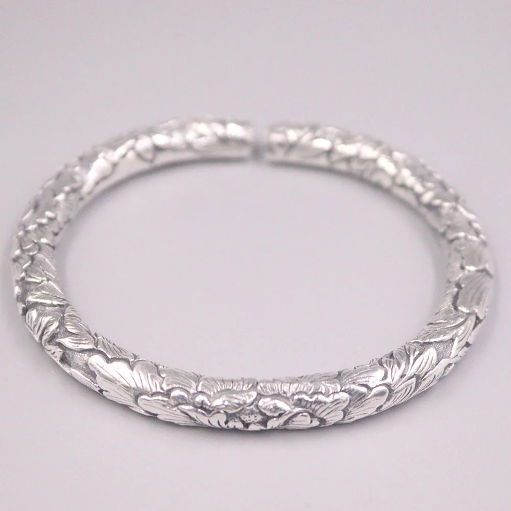 Fine Pure S999 Sterling Silver Bangle Women 7mm Flower Figure Link Bracelet 55-58mm 59-61g