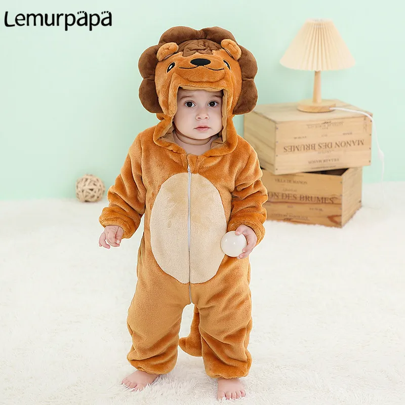 Baby Boys Girls Thicken Onesie Infant Winter Warm Zipper Hoodie Jumpsuit Anime Cartoon Lion Rompers Pajamas