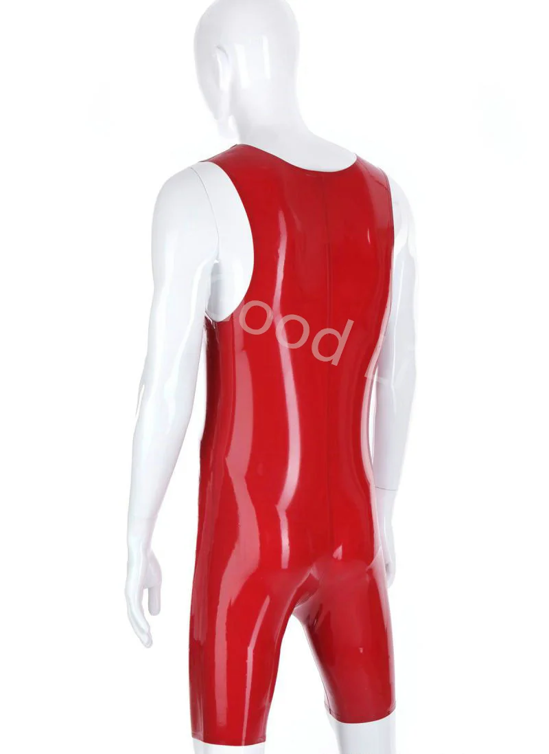 Sleeveless Latex Catsuit Front Hole Sexy Rubber Bodysuits Half Pants Men’s Tight Clothing Fetish Jumpsuit Athletic Wear no Zip