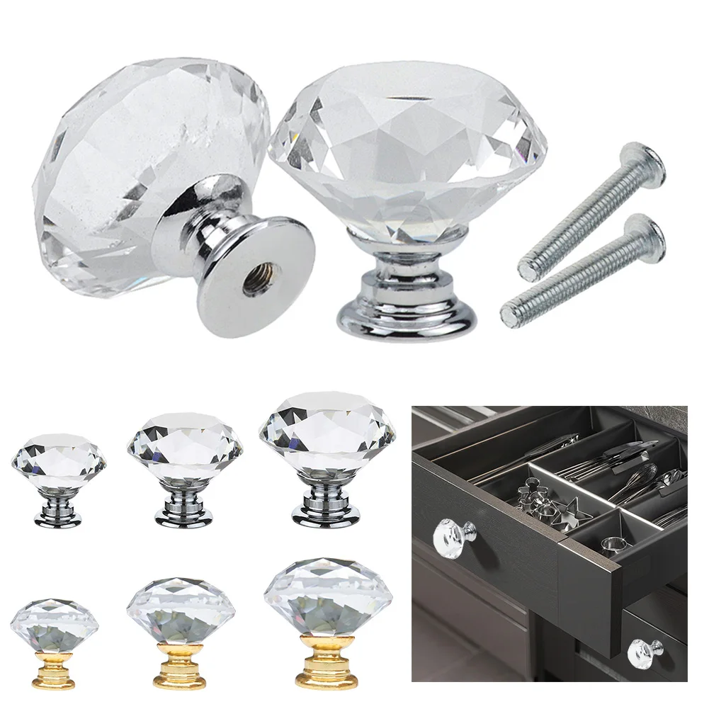 20/30/40mm Diamond Crystal Cabinet Door Dresser Knobs Drawer Furniture Pull Handle Knobs Gold Sliver Crystal Knobs