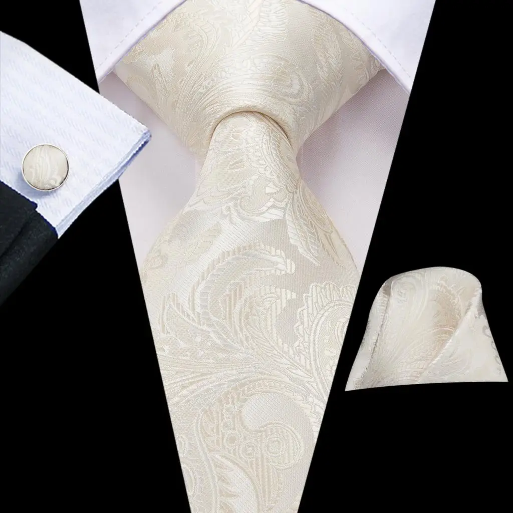 Hi-Tie Ivory Champagne Floral Solid Design Silk Wedding Tie For Men Quality Hanky Cufflink Fashion Nicktie Business Dropshipping