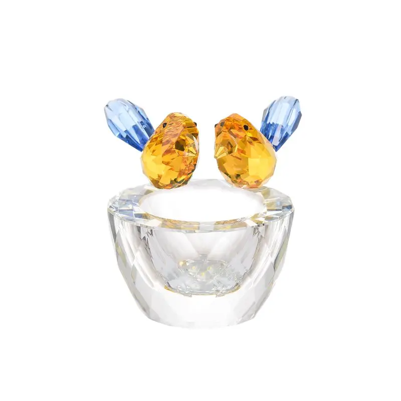 Beatiful Crystal Yellow Birds on A Bowl Figurines Collection Art Glass Jewelry Ring Holder Status for Table Home Decor