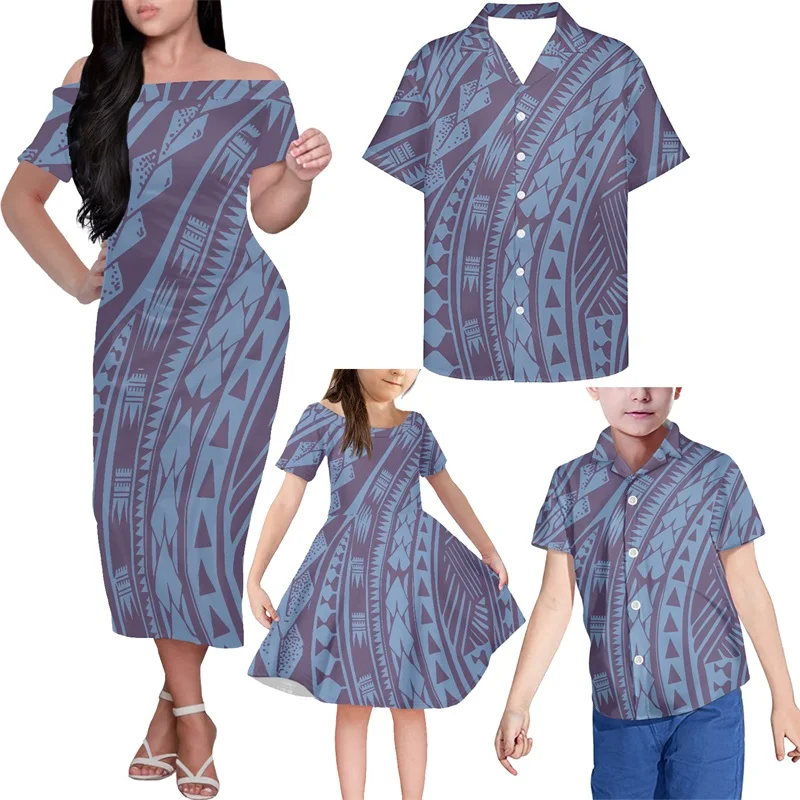 

HYCOOL Olynesian Samoan Tribal Print 4pcs Family Matching Clothes Fashion Off Shoulder Dresses Mom And Daughter Match Men Shirts