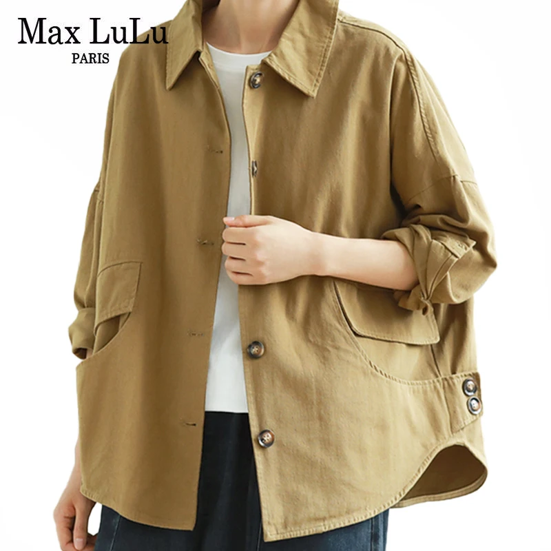 

Max LuLu Autumn 2021 Outerwear Womens Khaki Korean Style Vintage Jacket Basic Lady Casual Coat Button Harajuku Loose Clothing