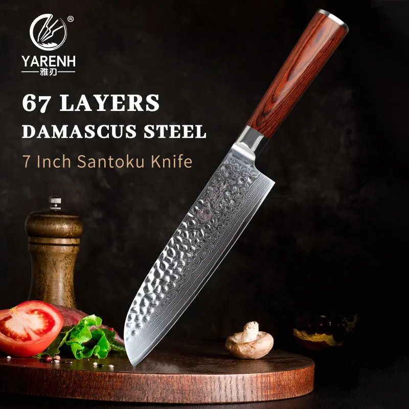 

YARENH 7 Inch Damascus Santoku Knife Sharp High Carbon Stainless Steel Kitchen Knives Non-Slip Ergonomic Pakkawood Handle