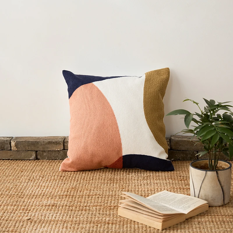 Home Decoration Cushion Cover 45x45cm Abstract Embroidered Square Pillow Cover Color Block Pink Beige Cozy for living room