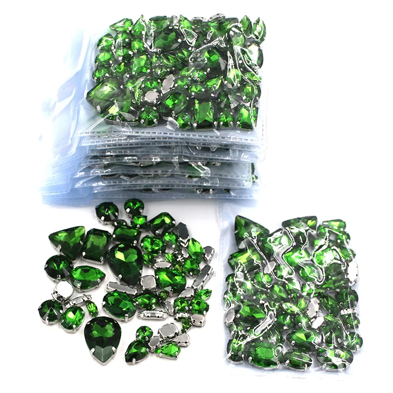 Clothing Accessories  Wholesale 5 Bags Mixed Shape Glass Crystal Sliver Base Grass Green Sew On Rhinestones Diy Wedding Dress