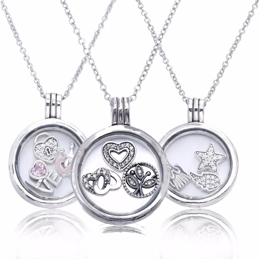 

8 Types Medium Round Open Floating Locket Necklaces & Pendants with 3pcs Small Petites 925 Sterling Silver Necklaces Jewelry DIY