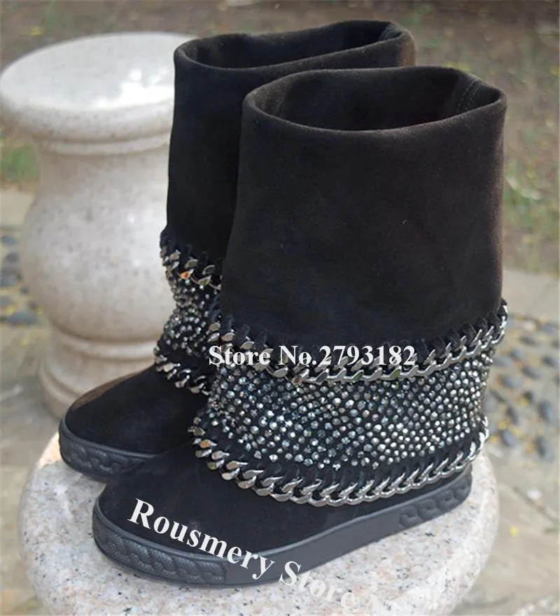 Women Winter Fashion Round Toe Suede Leather Rhinstone Wedge Mid-calf Boots Black Chains Decorated Crystal Height Increased Boot