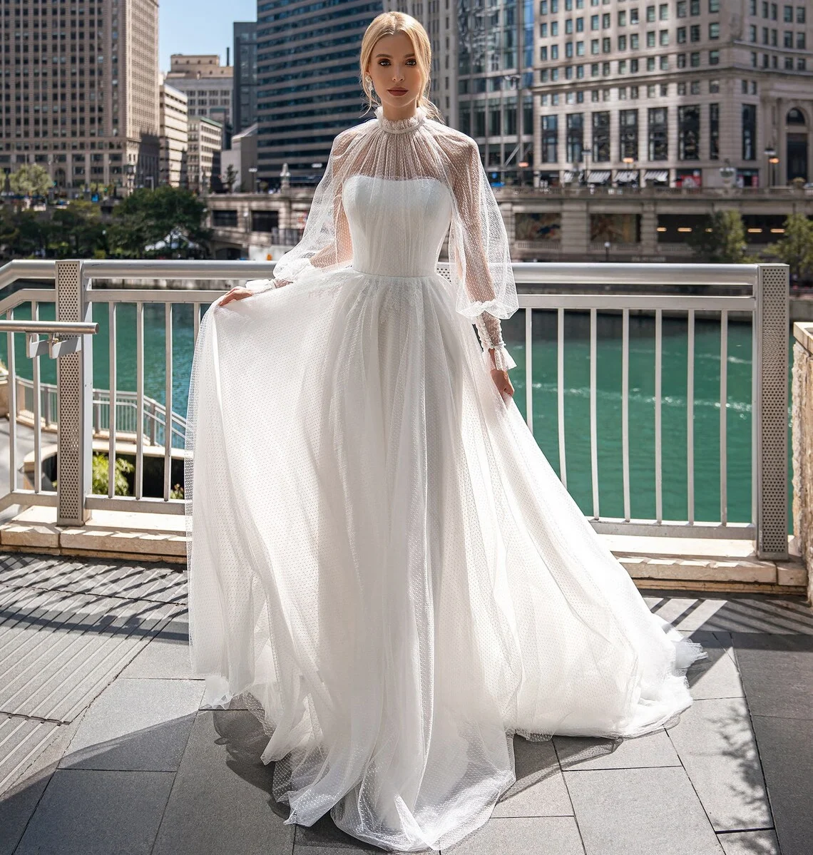 11582#Elegant High Neck Dot Mesh Corset Tulle Customized  A-Line Lace Long Puff Sleeve Wedding Dress Wedding Gown Bridal Gown