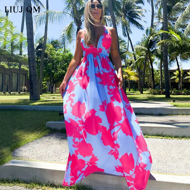 Spaghetti sukienka Sling czeski kwiat wydruku długie sukienki lato Backless seksowny dekolt Party Lady plaża Maxi sukienka bez rękawów