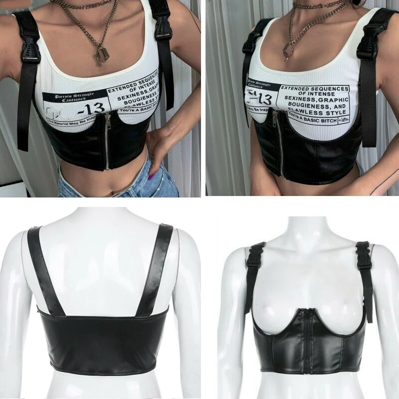 Women Sexy PU Leather Crop Top Tank Corset Buckle Straps Zipper Vest Cummerbunds Personality Street Punk Gothic Dark Corset Belt