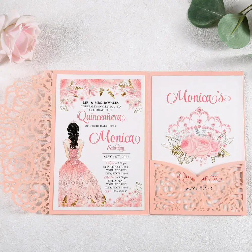 

50pcs Pink Laser Cut Hollow Wedding Invitations Cards with Flower Pockets and Envelopes for Wedding/Quinceanera/Birthday