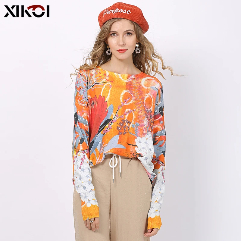 XIKOI Fashion Print Sweater For Women Winter Oversized Pullover Autumn Long Sleeves O-Neck Jumper Knitted Pull Femme Plus Size