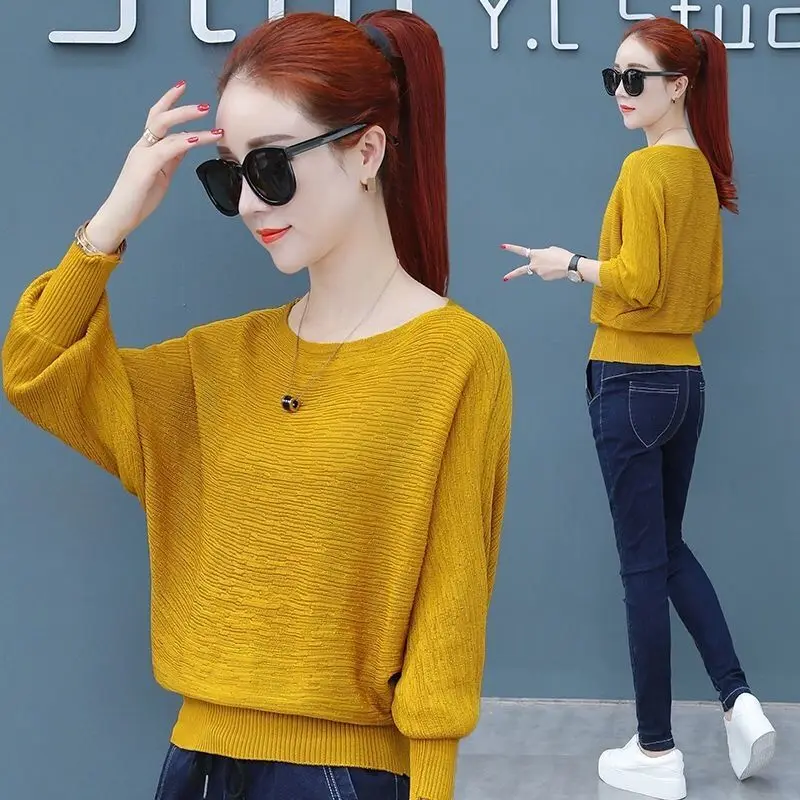 

Batwing Sleeve T-shirt Women's O Neck Long Sleeve Knitted Bottoming Shirt New Autumn Blouse Pullover 4XL