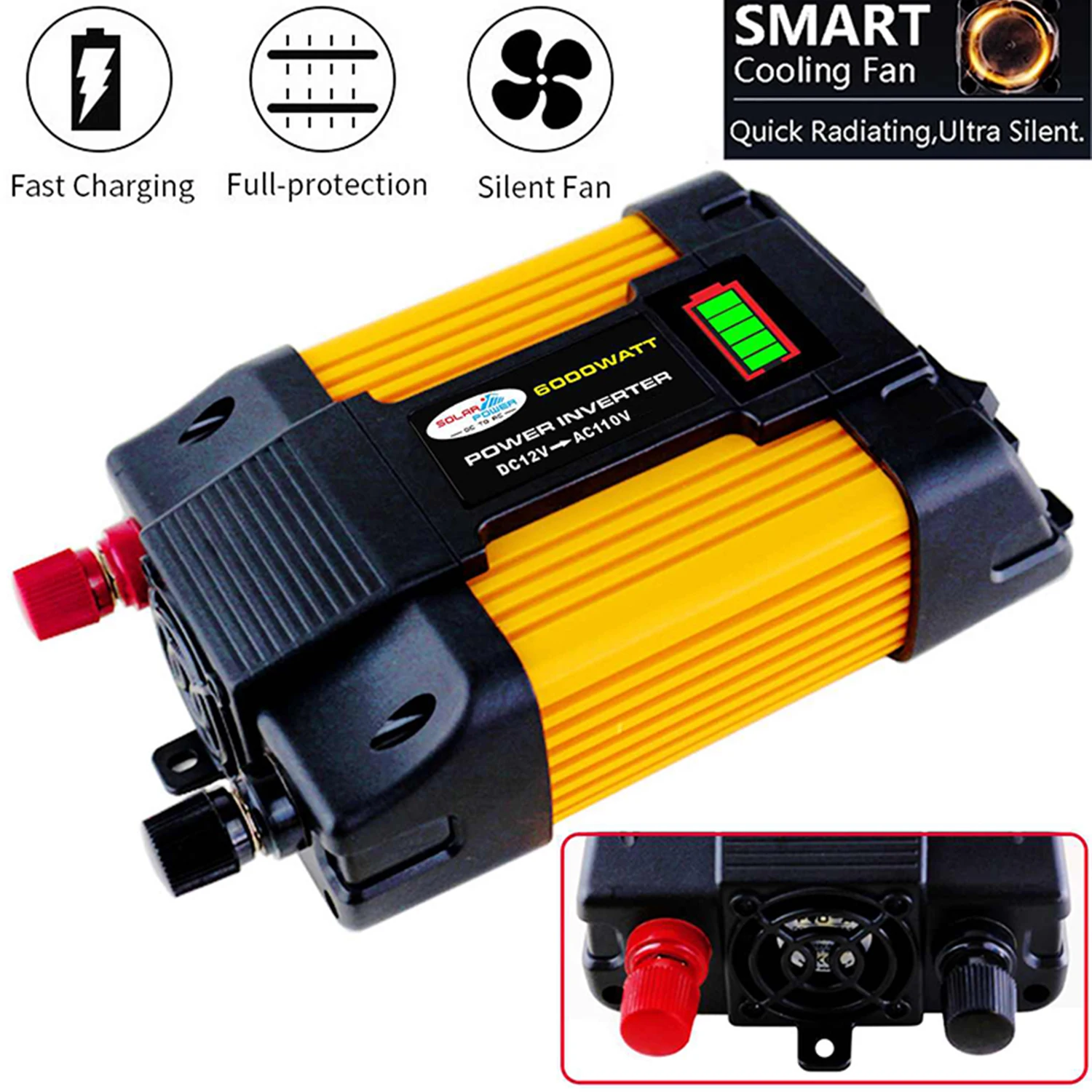 Car Power Charger Inverter Sine Wave 4000W/6000W DC 12V to AC 110V/220V with 2.1A Dual USB Port LED Battery Capacity Display