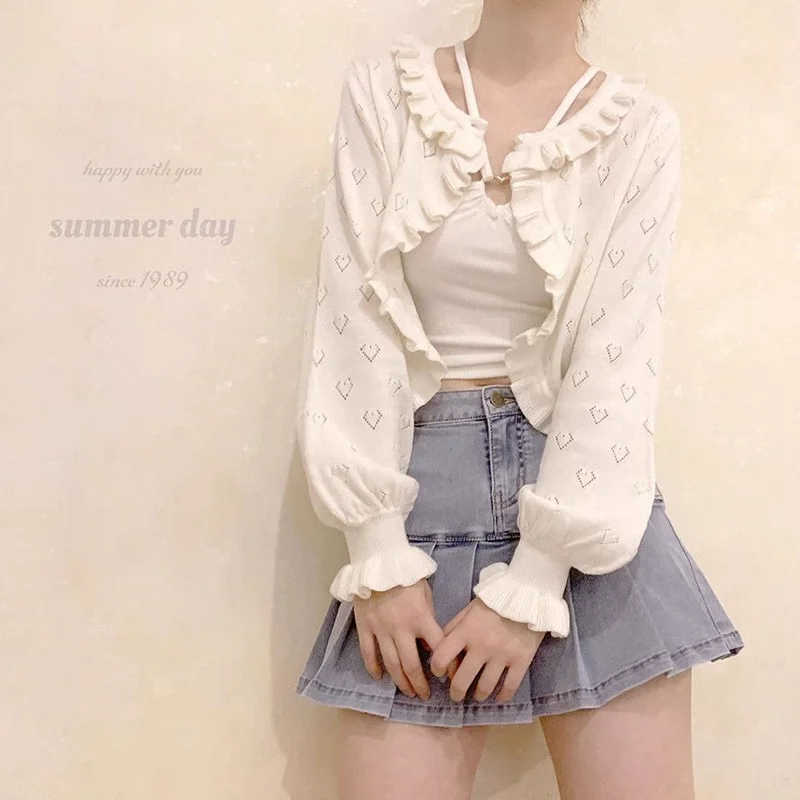 Cardigan Women White Design Sweet Girlish O-Neck Puff Sleeve Casual Open Stitch Spring Popular Ulzzang Stylish Femme Loose Chic