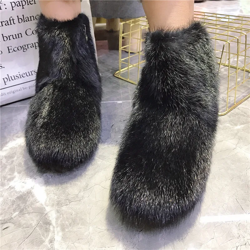 Real Mink Fur Women Snow Boots Black Winter Warm Furry Botas Mujer Casual Ankle Booties Thick Sole Platform Shoes Ladies Flats