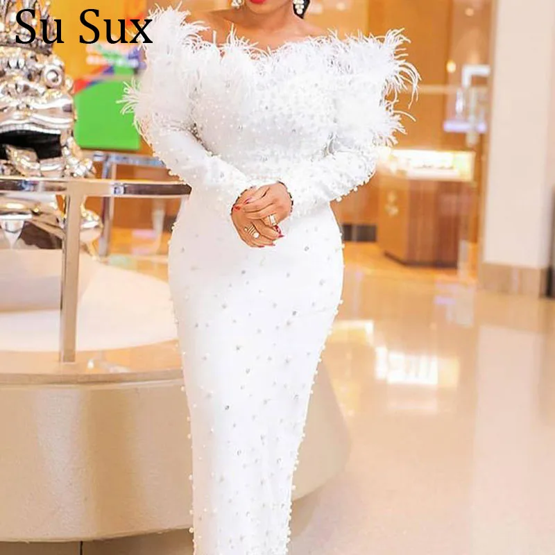 Feather Beading Party Dress Women Bodycon Bandage White Maxi Dress Slash Neck Long Sleeve Long Robe Vestidos 2021 Autumn