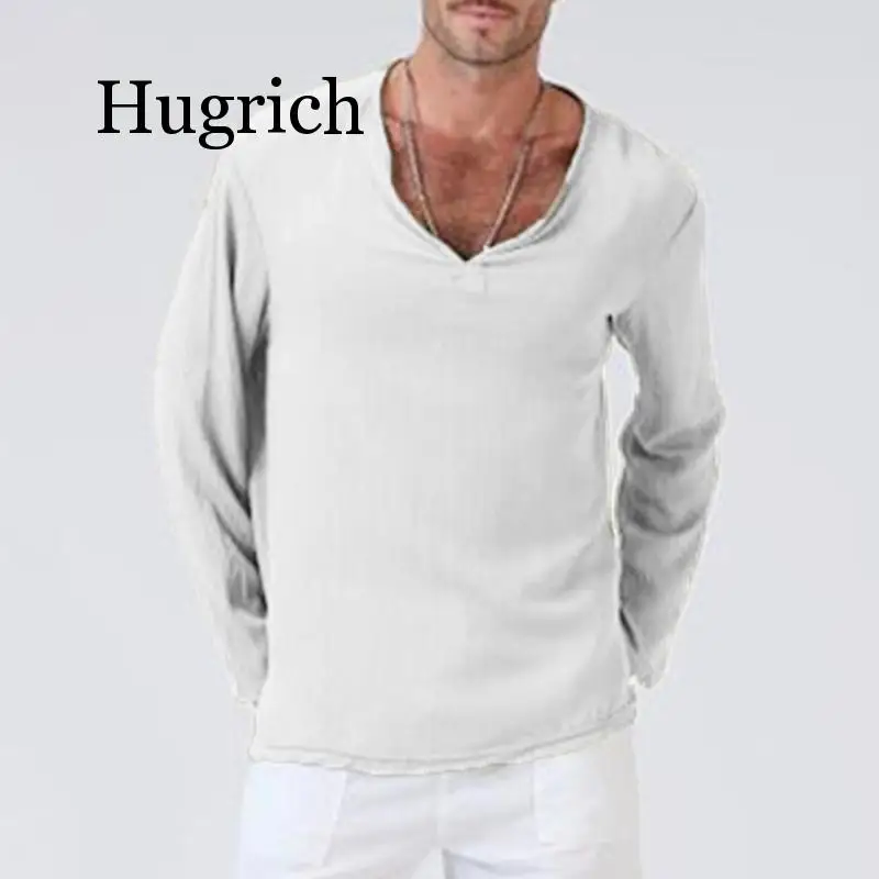 Mens V Neck T Shirts Full Sleeves Linen Cotton Long Sleeve T-Shirt Men Gothic Hippie Clothing Loose Male t shirt Autumn Spring