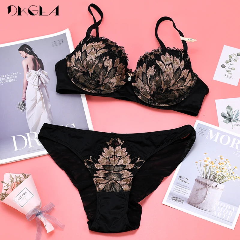 New Fashion Embroidery Brassiere Cotton Thick B C D Cup Bras Brand Lingerie Set Lace Sexy Push Up Bra Set Women Underwear Black